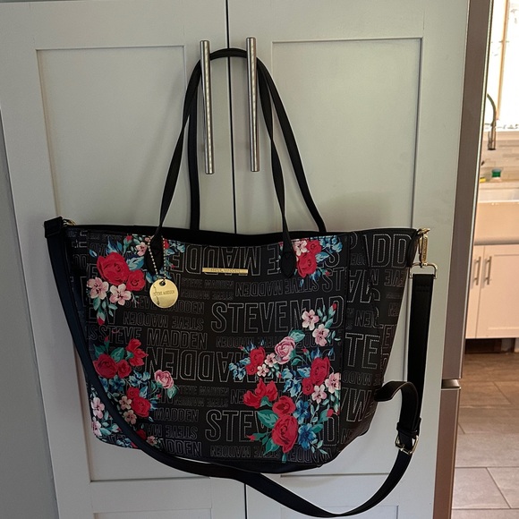 Steve Madden Black Tote with Floral Design - Picture 1 of 6